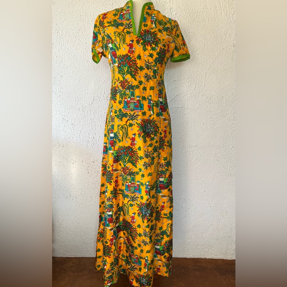 Vintage Keram New York 1970’s Asian Floral Print Yellow Satin Maxi Dress